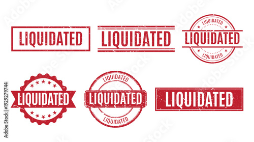 Collection of red liquidated rubber stamp vectors in various shapes for financial or legal business documents