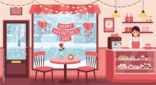 An inviting cafe scene, adorned with Valentine's Day decor, warm tones