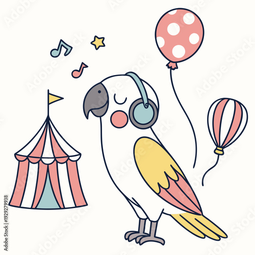 Cute Gentle Parrot, accessorized with wearing headphones, in a Circus Carnival world – Big Top Brights palette vector