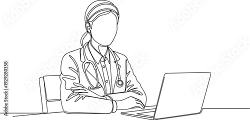 Female medical doctor with stethoscope sitting at desk using laptop computer in minimalist continuous line art style.