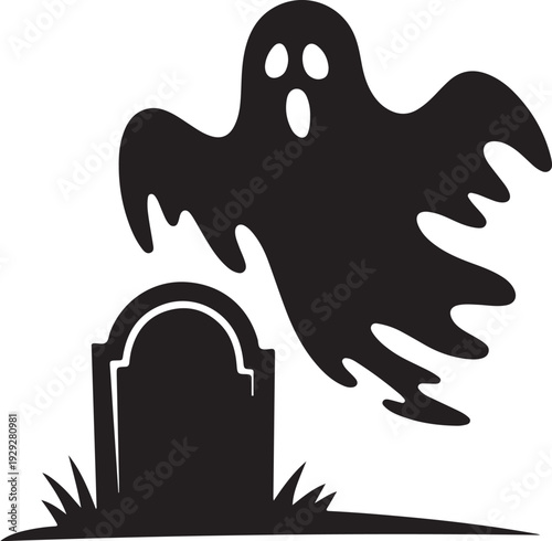 Black ghost flying over tombstone with grass graveyard