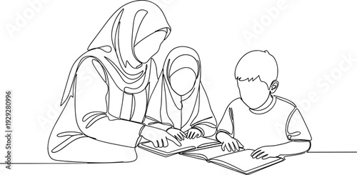Muslim mother wearing hijab teaching children reading books together in minimalist continuous line art style education vector.