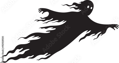 Black ghost flying with outstretched arms white background