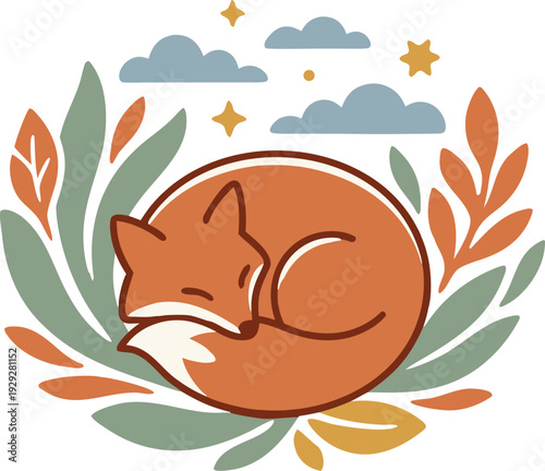 Cute sleeping fox vector illustration with boho autumn leaves, clouds, and stars. Cozy woodland animal flat design for nursery wall art and fall greeting cards