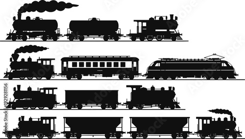 Set of vintage and modern train silhouettes featuring steam locomotives passenger cars freight wagons and high speed electric rail for transportation logistics and travel