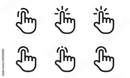 Set of hand click icons with finger pointing for user interface and interactive web design elements
