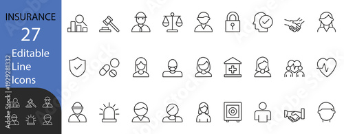 Insurance and protection line icon set. Contains symbols for healthcare, law, safety, and business security. Editable vector design for corporate presentations and insurance services.
