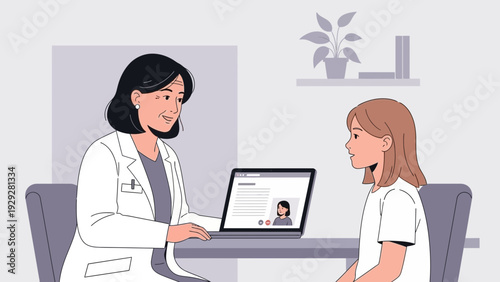 Doctor consulting patient in a medical office setting via video call on laptop