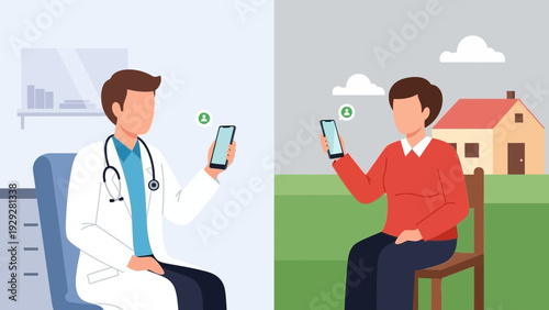 Doctor and patient using mobile phones in different environments, doctor in medical setting and patient outdoors near a house