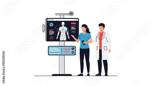 Medical professionals examining 3D human body scan on interactive display screen in modern healthcare facility