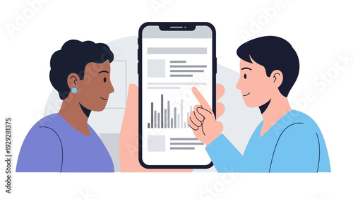 Two men analyzing data on a mobile phone screen together in a collaborative discussion