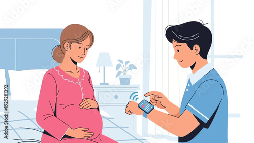 Pregnant woman receiving medical care from a healthcare professional in a serene domestic environment