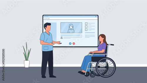 Healthcare professional discussing digital profile with patient in wheelchair, standing near presentation screen in modern office setting from a slight angle viewpoint