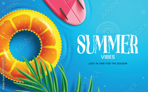 Summer vector background design. Summer Vibes text on blue water background with orange slice floater, surfboard, and palm leaves. Vector illustration summer background.
