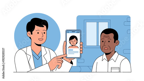 Doctor verifying patient's identity on a mobile device in a medical office setting