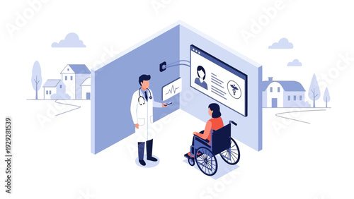 A doctor in a white coat stands beside a patient in a wheelchair, examining a large screen display in a serene, illustrated environment.