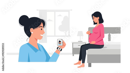 Woman taking a photo of another woman sitting on a bed in a bedroom with a relaxed atmosphere