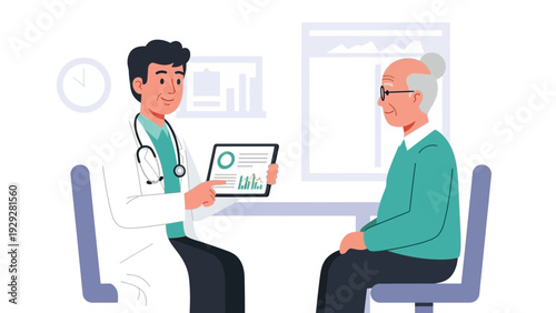 Doctor explaining medical results to elderly patient in a clinical setting