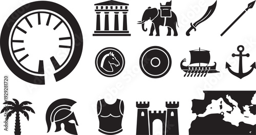 Ancient greek symbols and landmarks including chariot elephant ship helmet and architecture