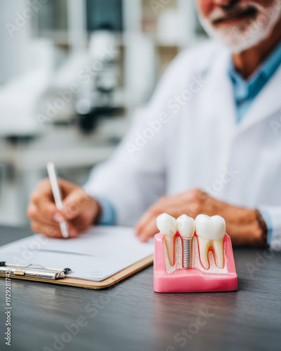 Dentist reviewing dental implant treatment plan with model at bright modern clinic desk