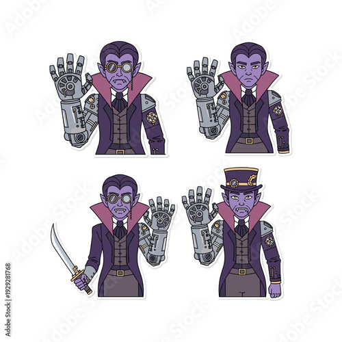 Vampire character design set with prosthetic limbs and accessories in a cartoonish style