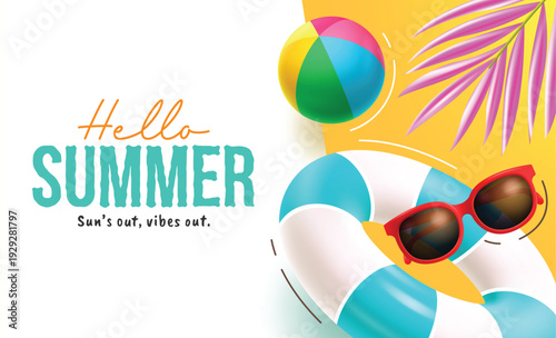 Summer vector background design. Hello Summer text on split yellow and light gray layout with beach ball, inflatable ring, red sunglasses and tropical leaves for sunny tropical season template. Vector