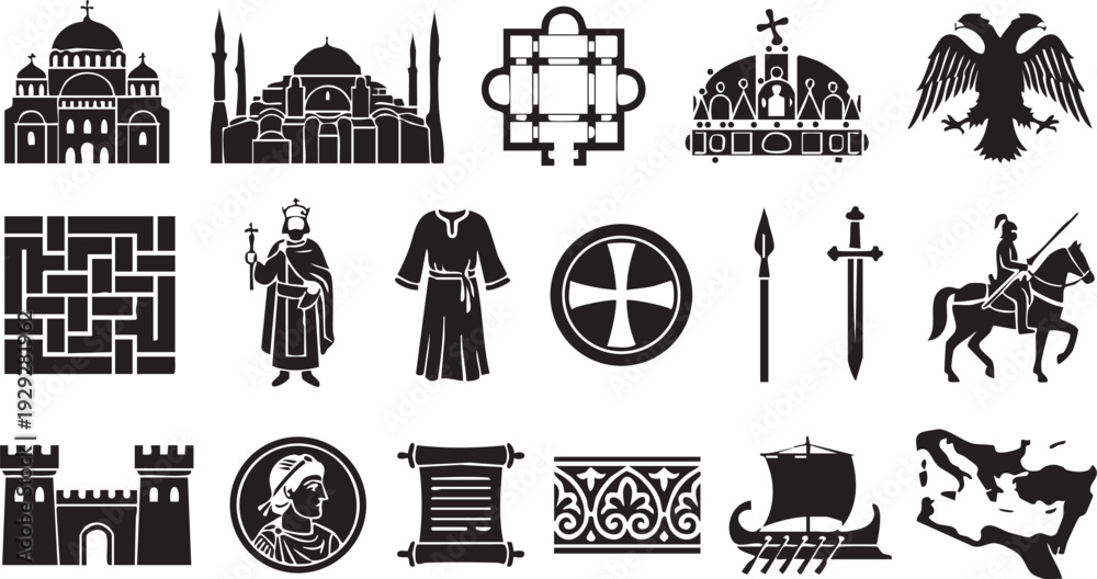 Φωτογραφία Set of byzantine empire black vector icons on transparent background: church, mo