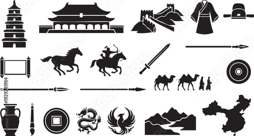 Ancient chinese empire historical icons set, symbols of imperial rule, military strength, and traditional art.