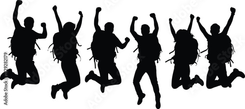 Black silhouettes of people jumping with backpacks white background fists raised
