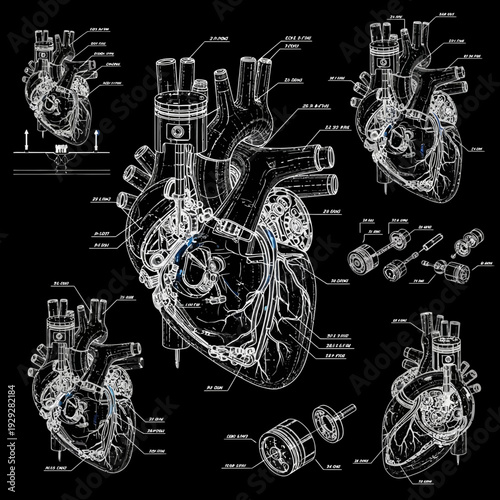 Advanced technical blueprint illustrating the intricate biomechanical integration of the human heart's complex anatomy with powerful mechanical engine components