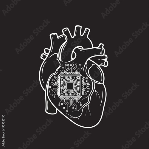 Digital Heart An intricate illustration featuring a human heart integrated with a geometric microchip and circuit board, symbolizing the advanced fusion of biology and technology