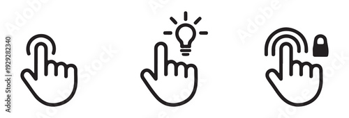 Three hand gesture icons with click, idea, and secure movements in line art vector illustration