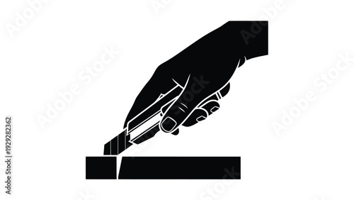 Stylized black silhouette of a hand firmly gripping and operating a utility knife or box cutter to precisely score a material below.