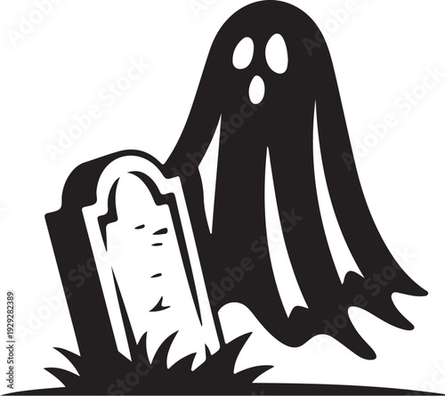 Black ghost standing beside tombstone with grass graveyard