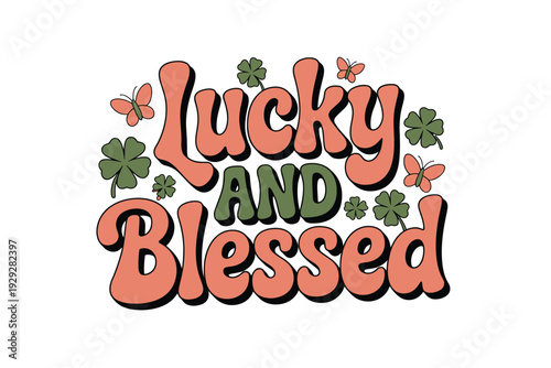 Lucky typography illustration with four leaf clover and butterflies