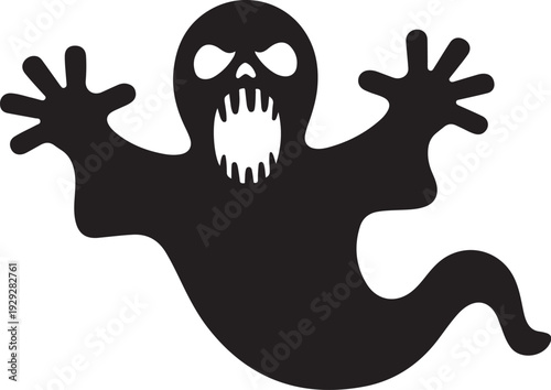 Black ghost with skull face and outstretched arms white background