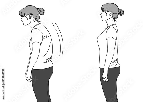 猫背の中年女性と正しい姿勢の女性の比較イラスト 上半身 横向き 横顔 モノクロ