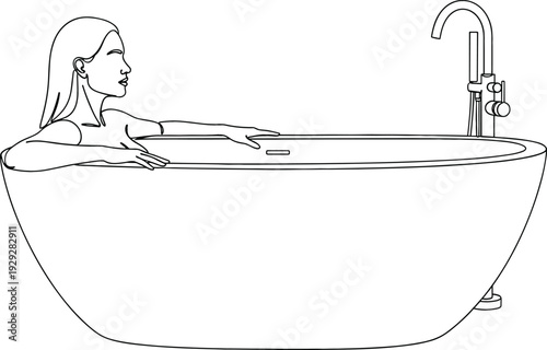 Young woman relaxing in modern oval bathtub for wellness spa self care and luxury bathroom interior design vector.