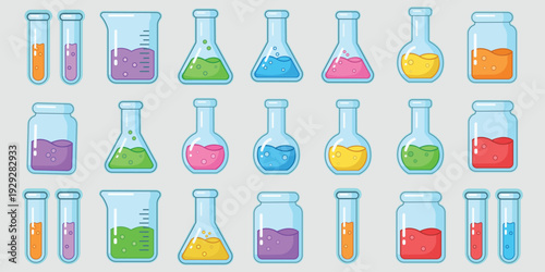 Laboratory Experiment Equipment: A vibrant arrangement of laboratory glassware, each vessel holding a unique solution in a spectrum of vivid colors, symbolizing the essence of scientific discovery. 