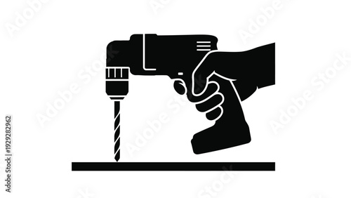 Silhouette icon depicting a hand firmly gripping a power drill preparing to bore a precise hole into a flat surface material