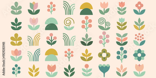 Floral Bloom Collection: A diverse arrangement of delicate floral icons and elements on a serene background, perfect for adding a touch of nature-inspired elegance and charm to design projects.
