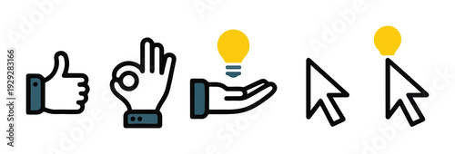 Set of colorful gestures: thumbs up, ok hand, hand holding light bulb, and upward arrow cursor