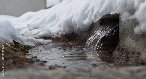 A concept for an environment story involves water flowing from under snow into a drain, melting snow in winter, and spring thawing.