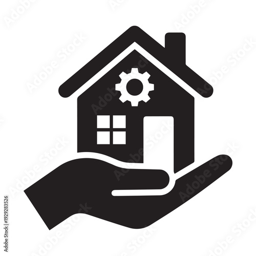Professional Home Maintenance and Property Management Icon Featuring a Residential House with a Gear Symbol Held Safely in a Hand.