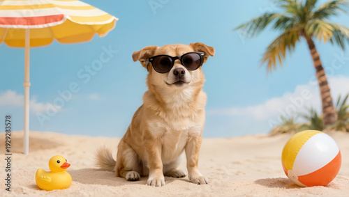 Humorous dog wearing sunglasses sitting on sandy beach with umbrella and palm tree in playful summer vacation concept