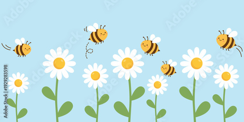 Bumblebee Bliss in the Garden: Cheerful bumblebees flit playfully amidst a field of blooming daisies, painting a scene of springtime joy.