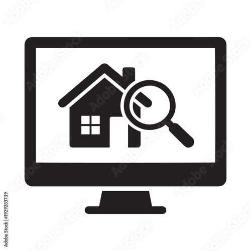 Professional icon of a computer monitor displaying a house with a magnifying glass representing online real estate search and property inspections.