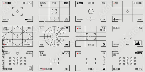 Camera viewfinder set focus frame recording screen vector illustration