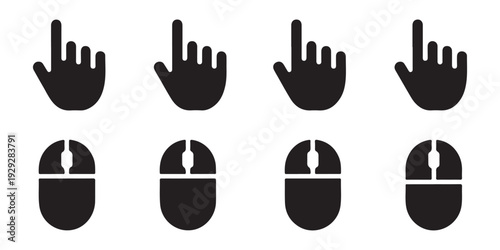 Collection of solid black icons for hand pointing and computer mouse cursors