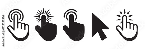 Solid black silhouette hand pointer and mouse cursor icons featuring clicking animations and touch signals
